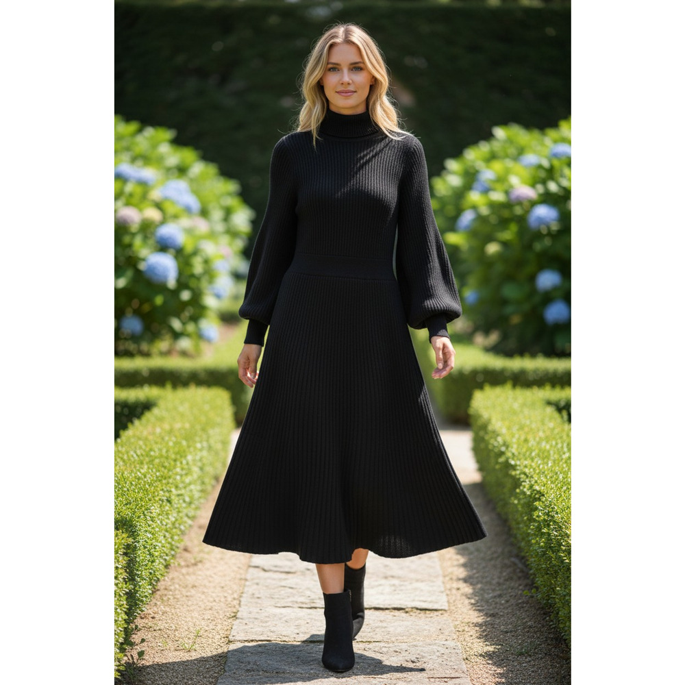 Nina leonard black large knitted dress long sleeve long turtle neck *has snag